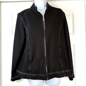 Liz Claiborne Womens Black Full Zip Jacket White Stitch Accents Striped Collar L
